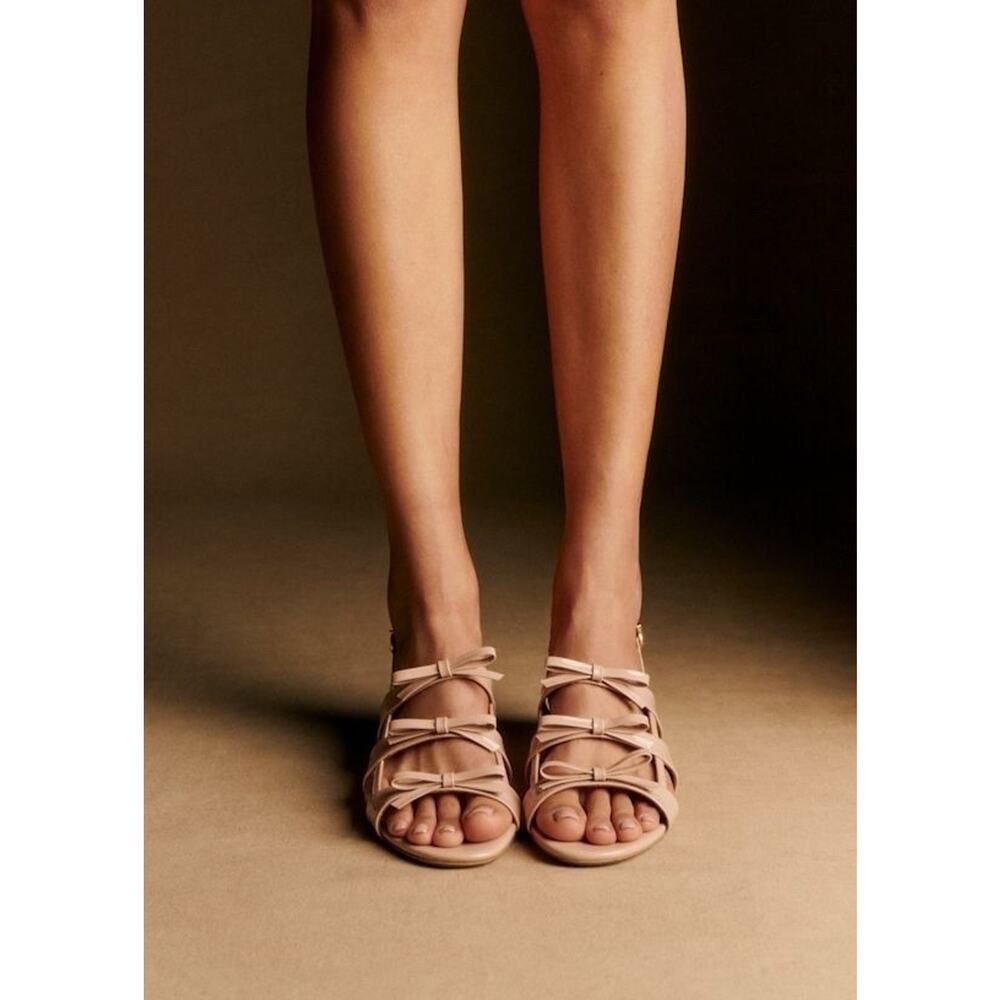 Sezane Nude Sandals Women’s 40 9 Low Evie Light Pink Patent Leather Bow - Picture 3 of 14